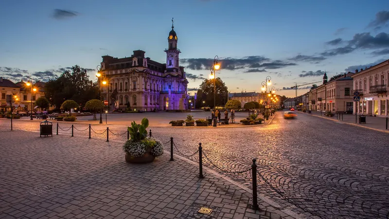 Rynek w Nowym Sączu z podświetlonym ratuszem o zmierzchu